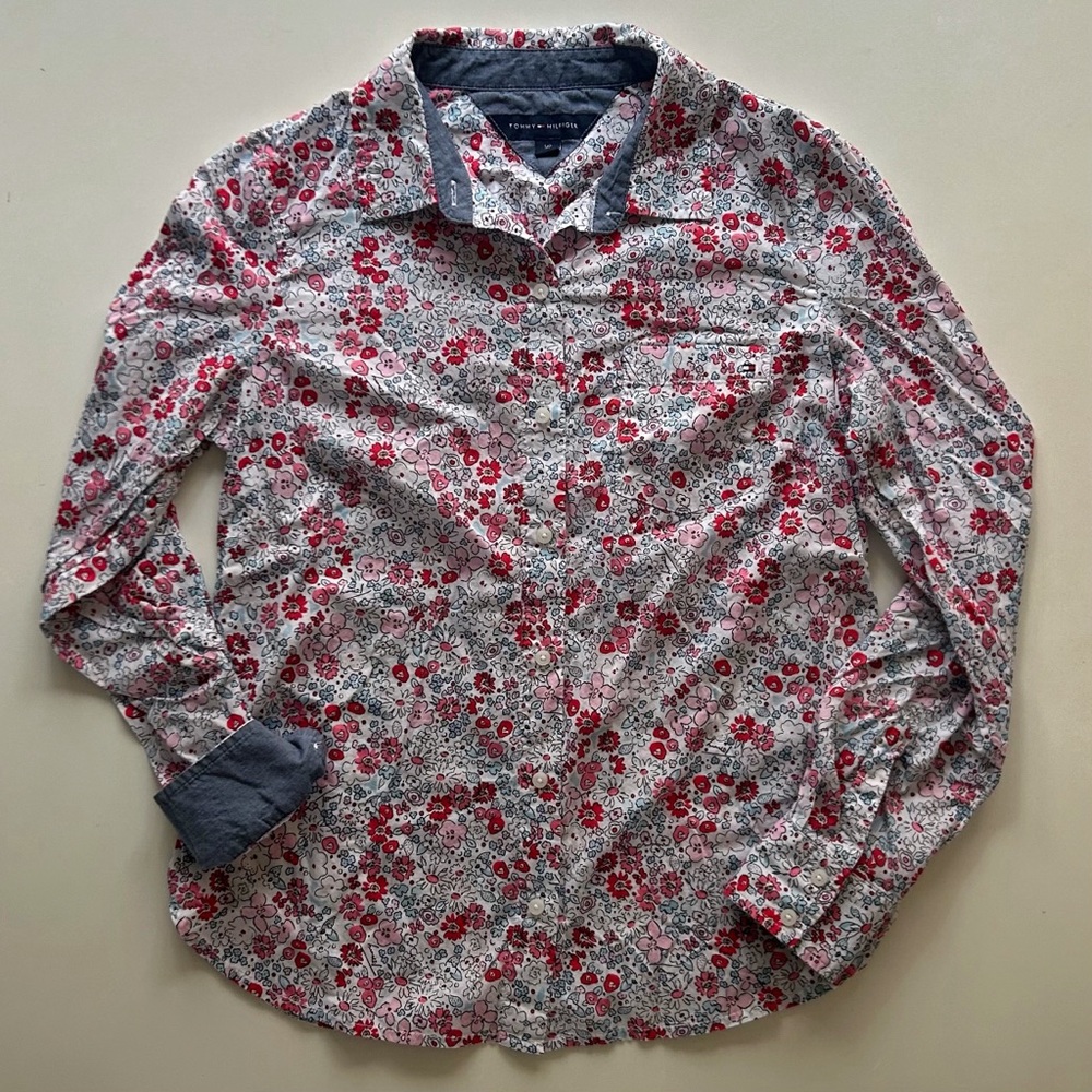 Tommy Hilfiger White Floral Button Up Shirt Roll Tab Sleeve Size S Winter Top